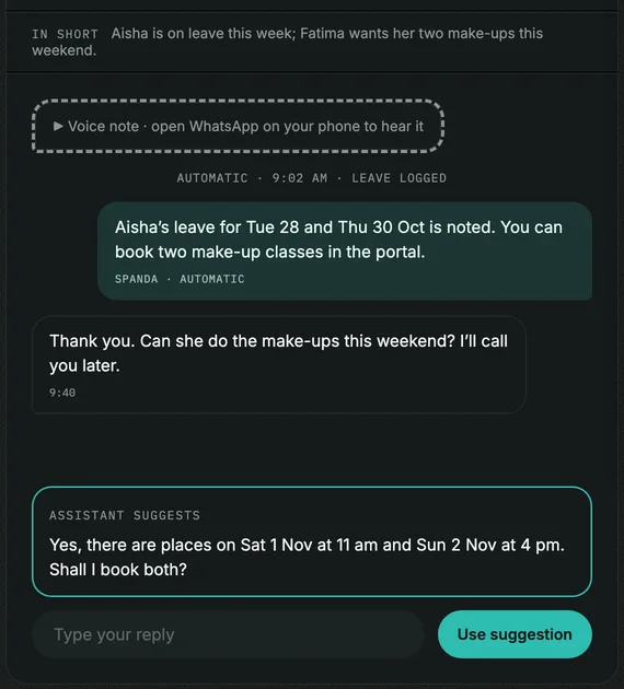 A parent’s question with an automatic reply and an assistant suggestion